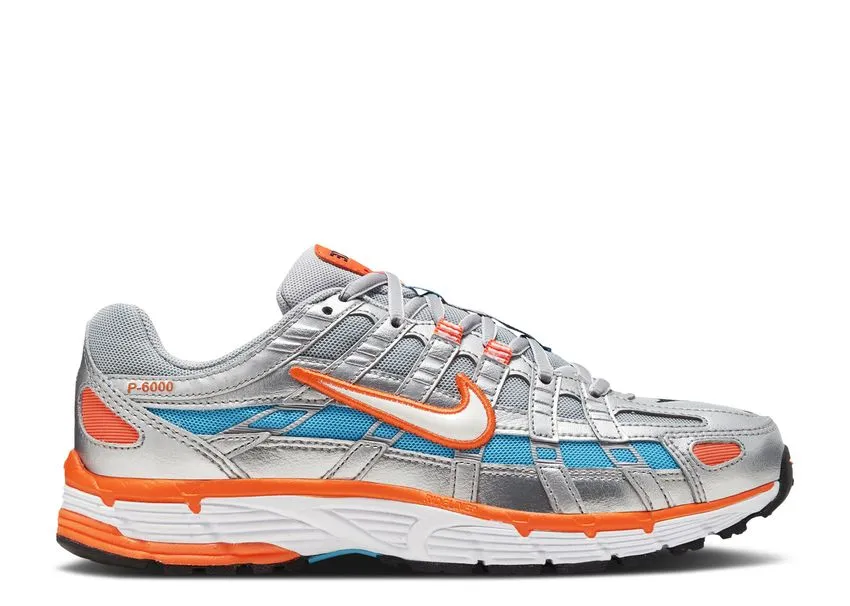 running with a slip - on design cushioning technology Nike P-6000 Metallic Silver Crimson Blue Fury
