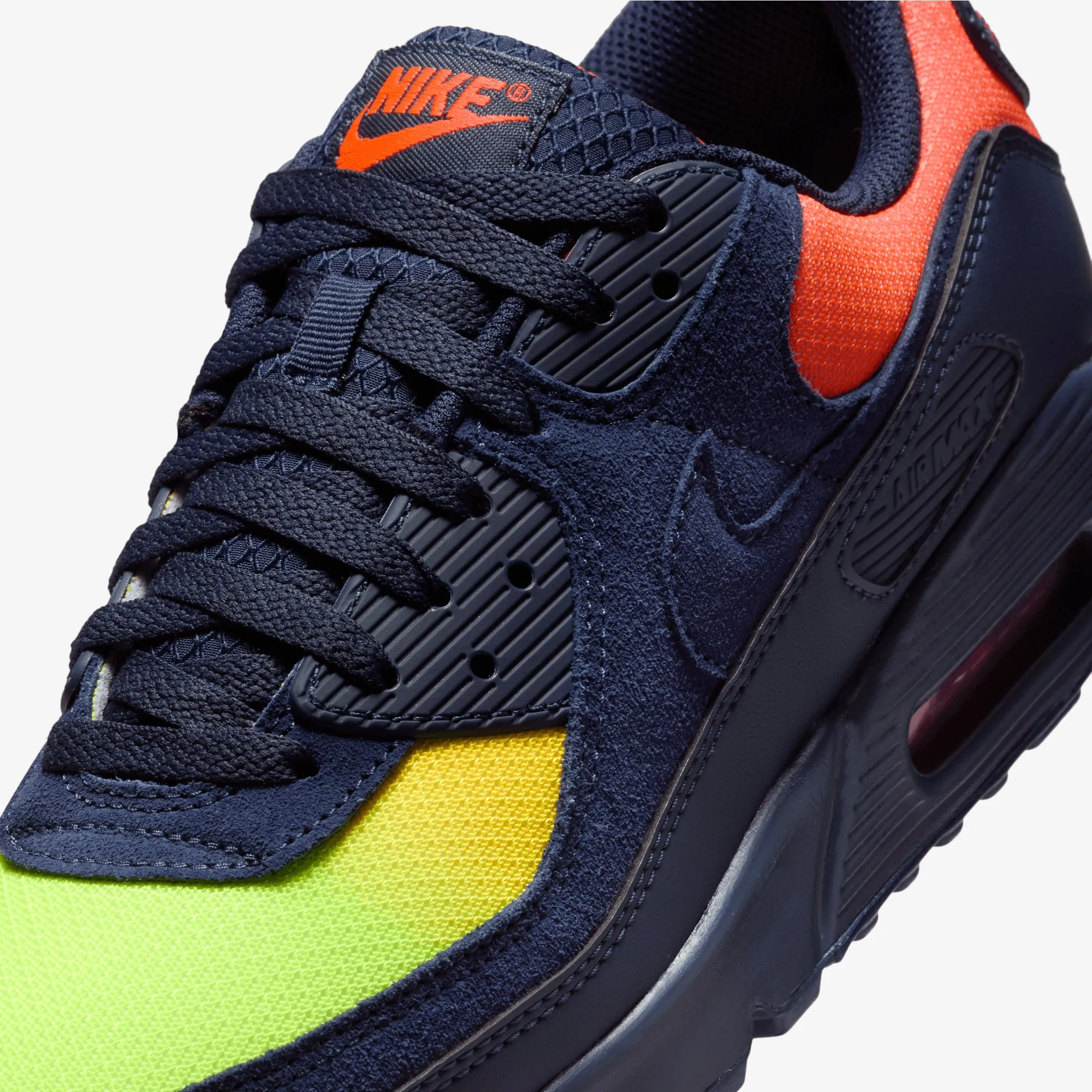 Nike | AIR MAX 90 { LEMON VENOM/BLACKENED BLUE-HYPER CRIMSON Wide toe box Form Ease
